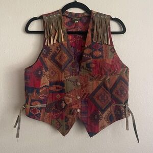 VTG Southwest Western Country Tapestry Western Vest Festival Fringe Leather M